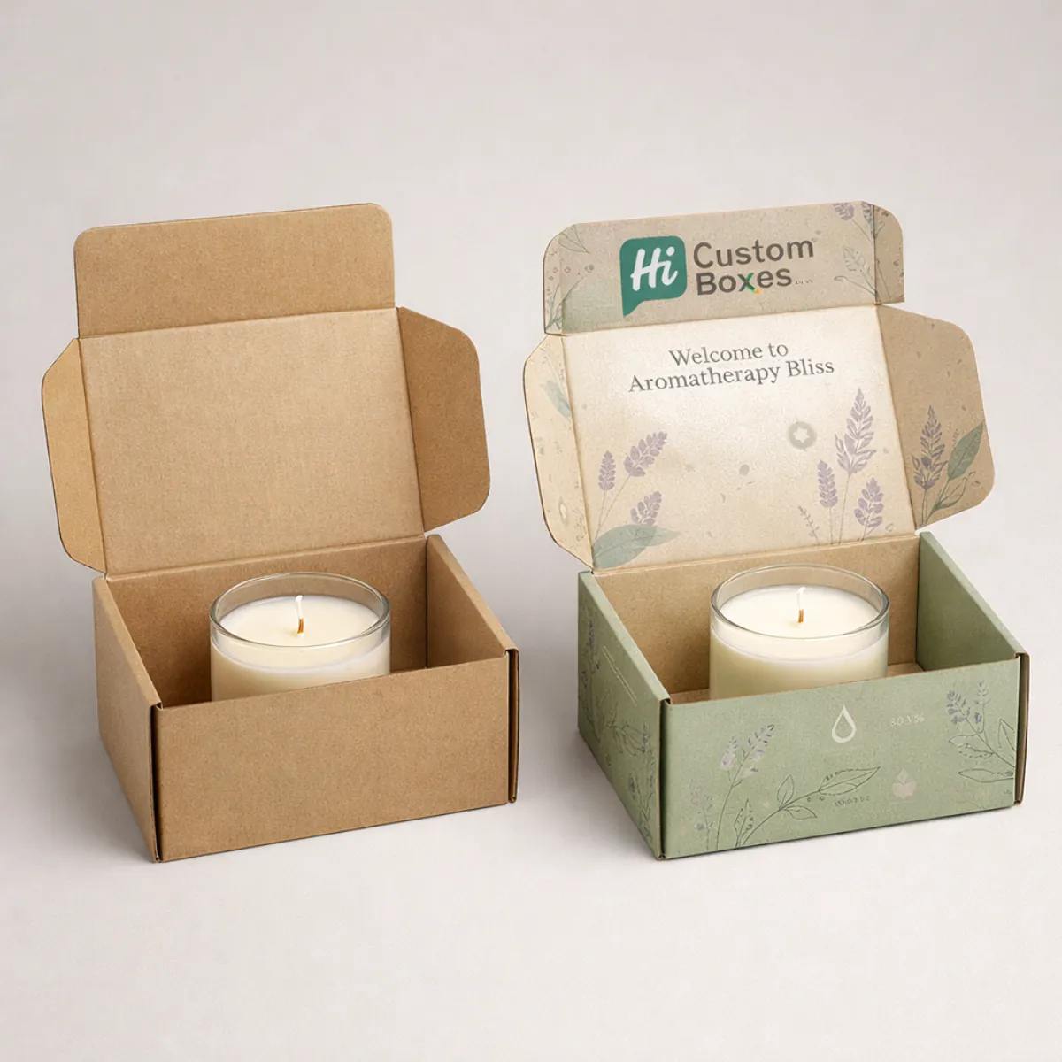 Open eco-friendly cardboard mailer boxes displaying a glass candle with lavender and botanical print designs. class=